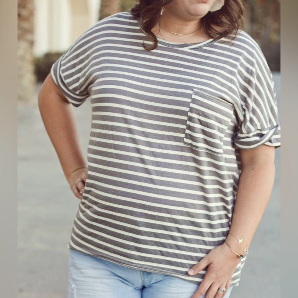 Umgee • Striped Roll Sleeve Pocket Tee